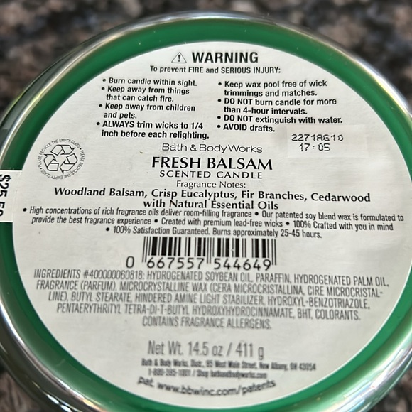 BATH& BODY WORKS FREH BALSAM SCENTED CANDLE NWT - Picture 6 of 6